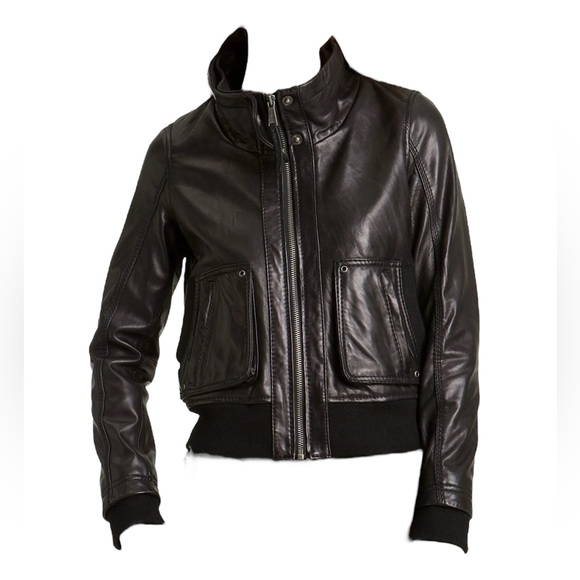 MICHAEL MICHAEL KORS Genuine Leather Knit Trim Bomber Jacket in Black
